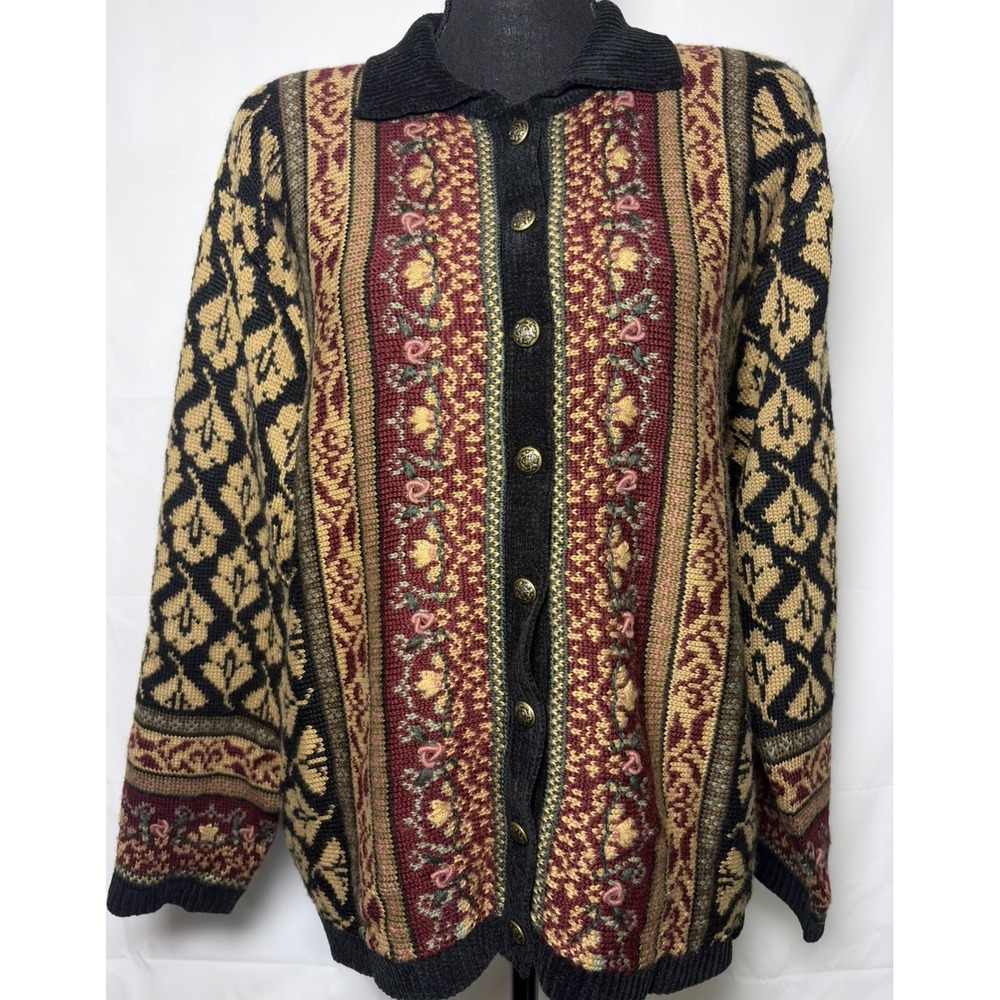 Vintage Koret L Cardigan Sweater Floral Embroidered Wool Blend Cottagecore